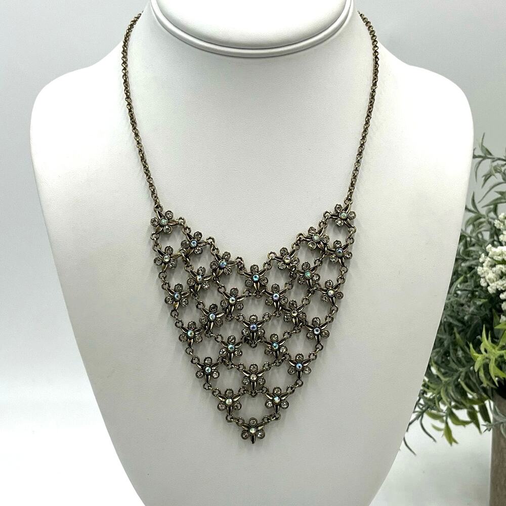 Vintage Antique Silver Chainmail Mesh Floral Rhinestone Bib Drape Necklace‎